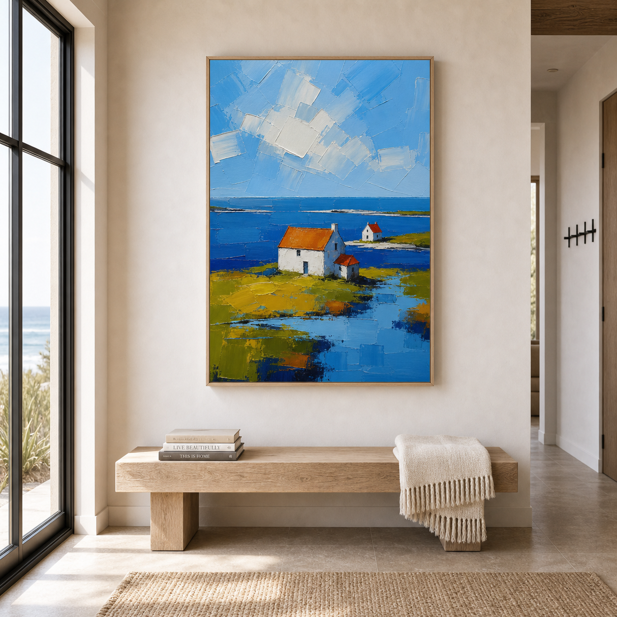 Coastal Landscape Wall Art, Original Hand Painted Seaside Cottage Oil Painting