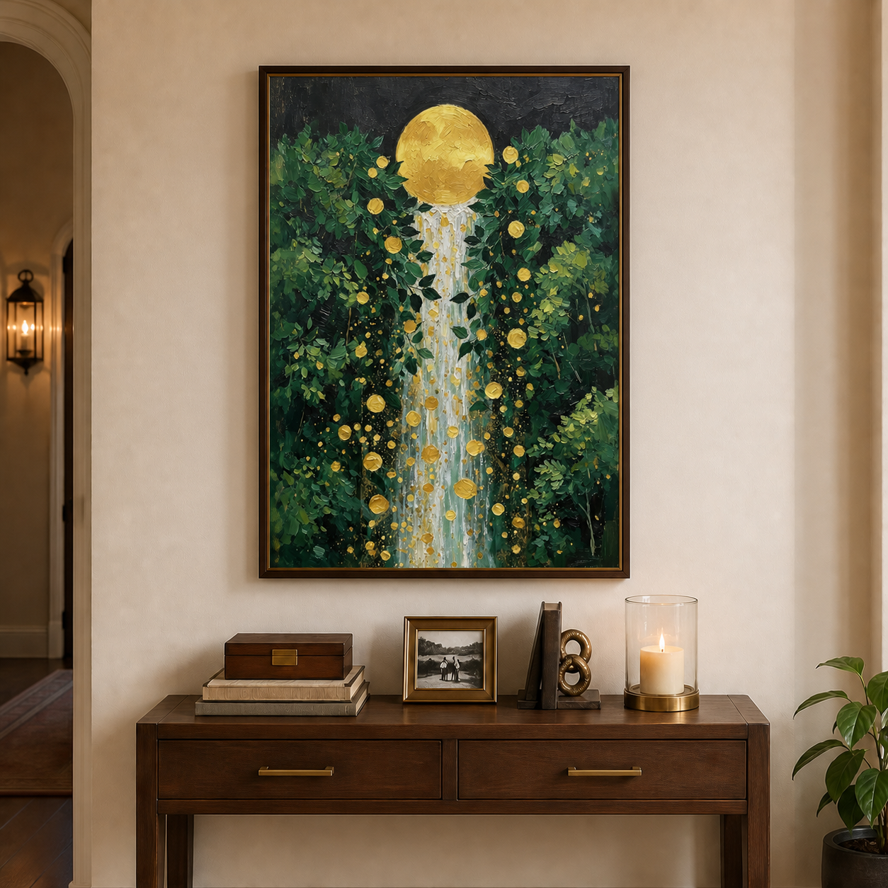 Golden Moon Waterfall Wall Art | Enchanted Forest Cascade