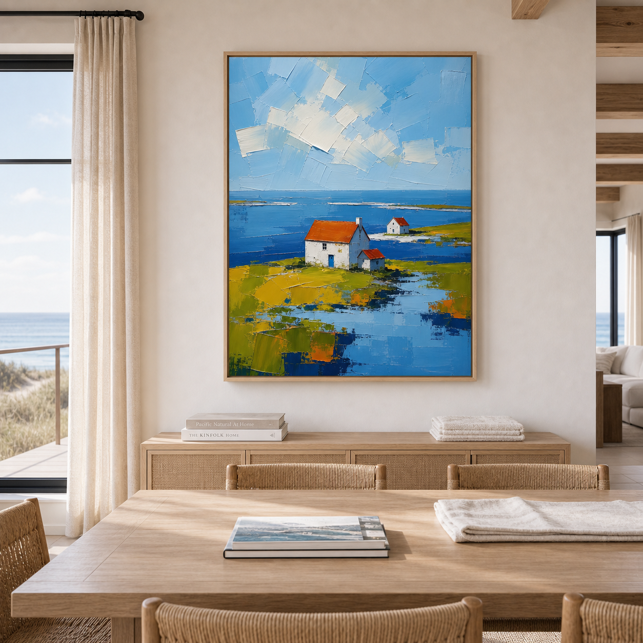 Coastal Landscape Wall Art, Original Hand Painted Seaside Cottage Oil Painting