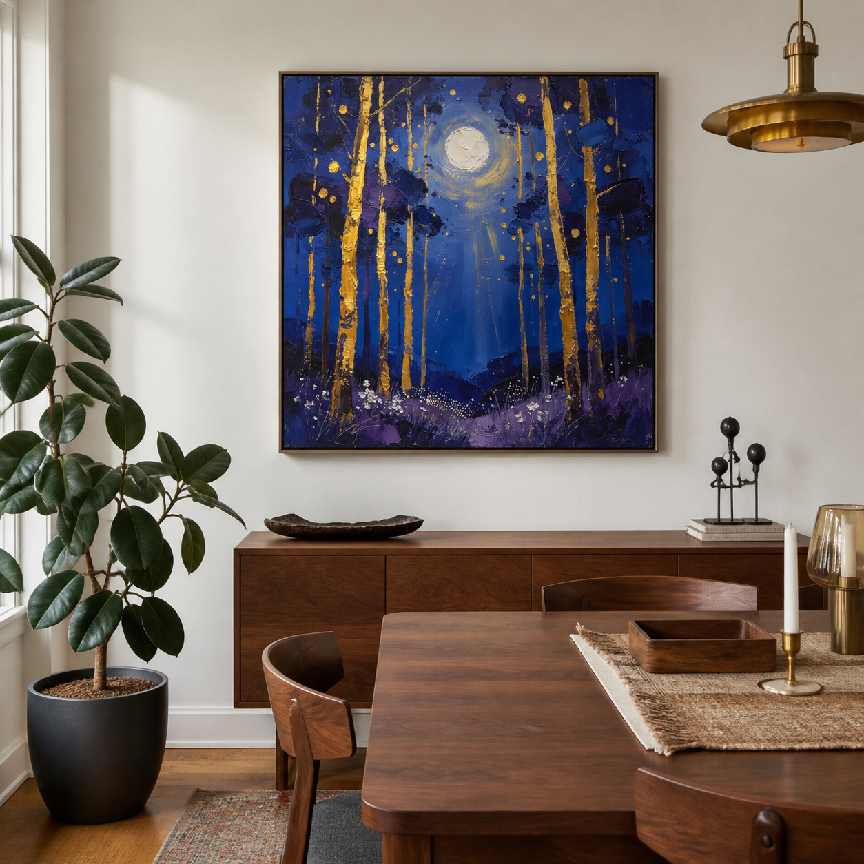 Moonlight Forest Wall Art | Golden Birch Night