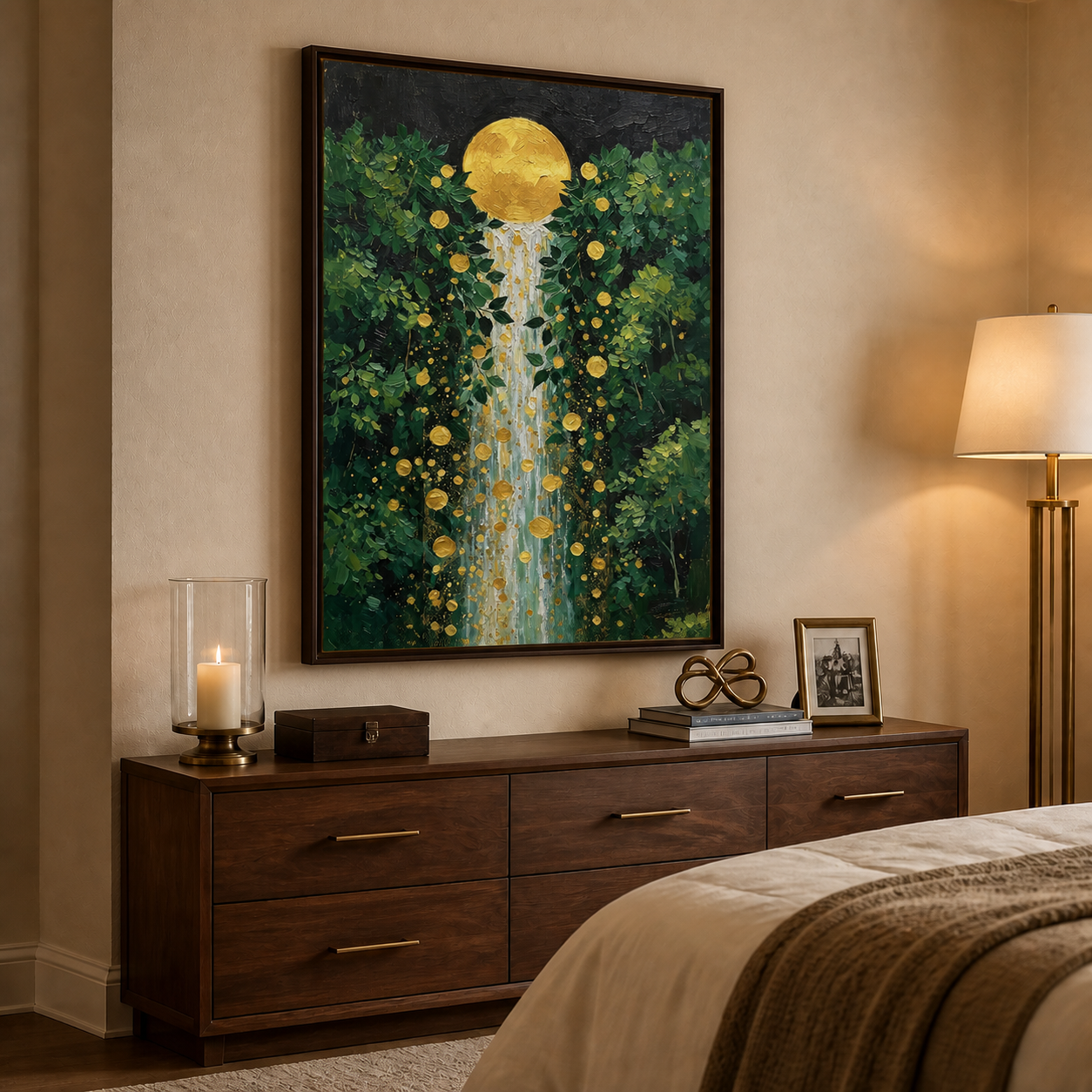 Golden Moon Waterfall Wall Art | Enchanted Forest Cascade