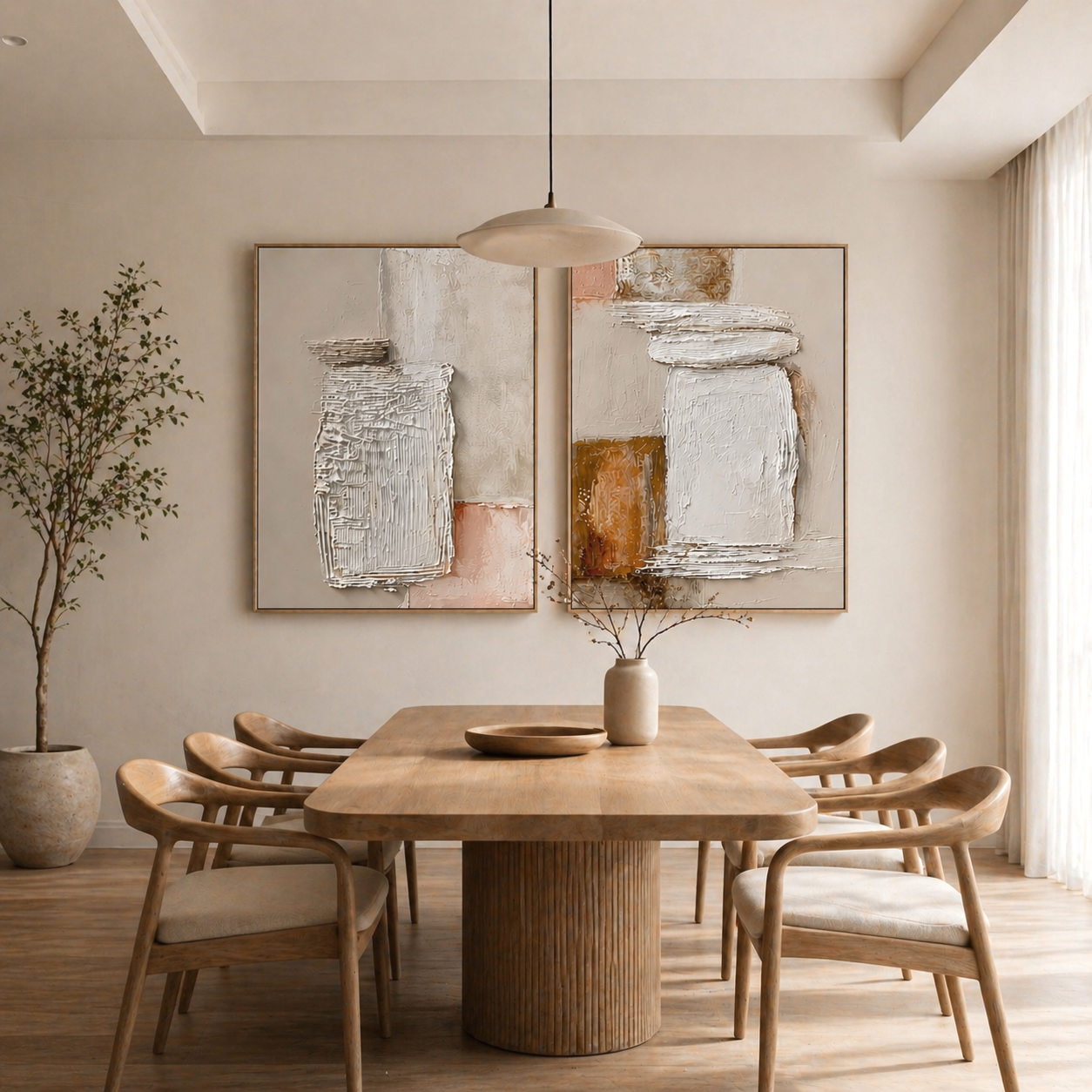Hand-painted neutral textured abstract diptych wall art featuring heavy impasto texture in beige and warm earth tones for modern minimalist, Japandi, and organic modern interiors.