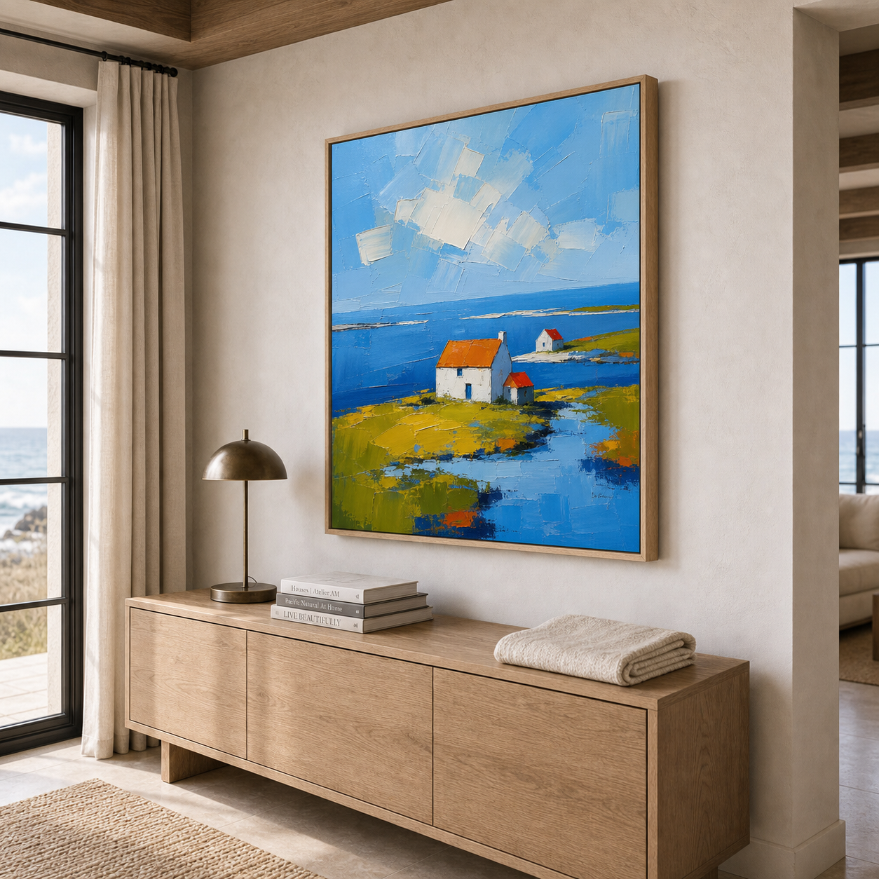 Coastal Landscape Wall Art, Original Hand Painted Seaside Cottage Oil Painting