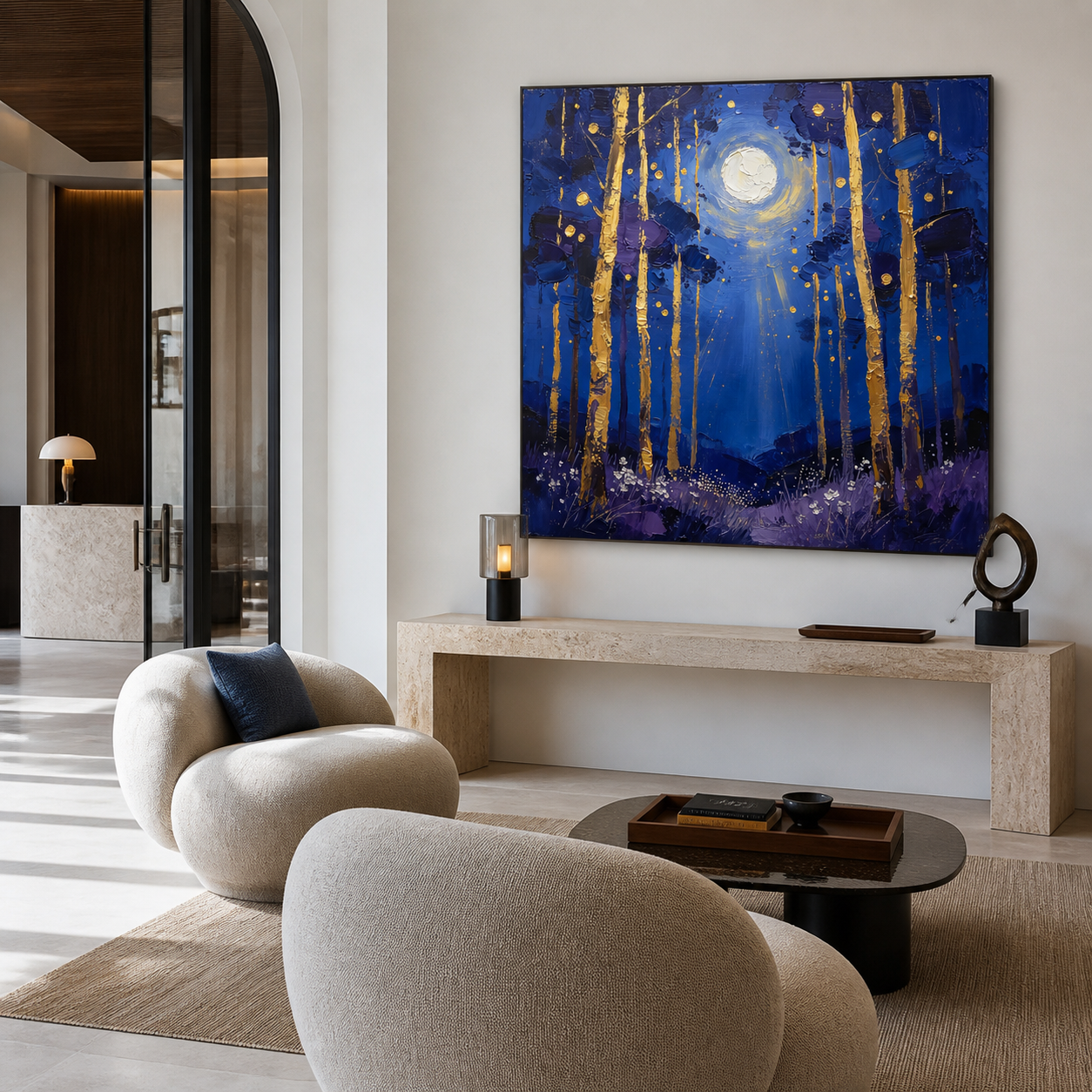 Moonlight Forest Wall Art | Golden Birch Night