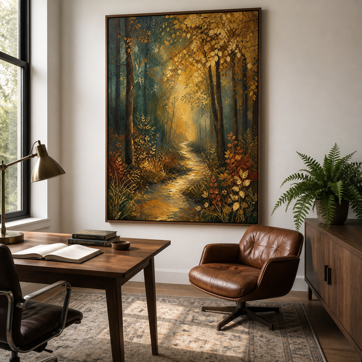 Autumn Forest Path Wall Art | Golden Woodland Light