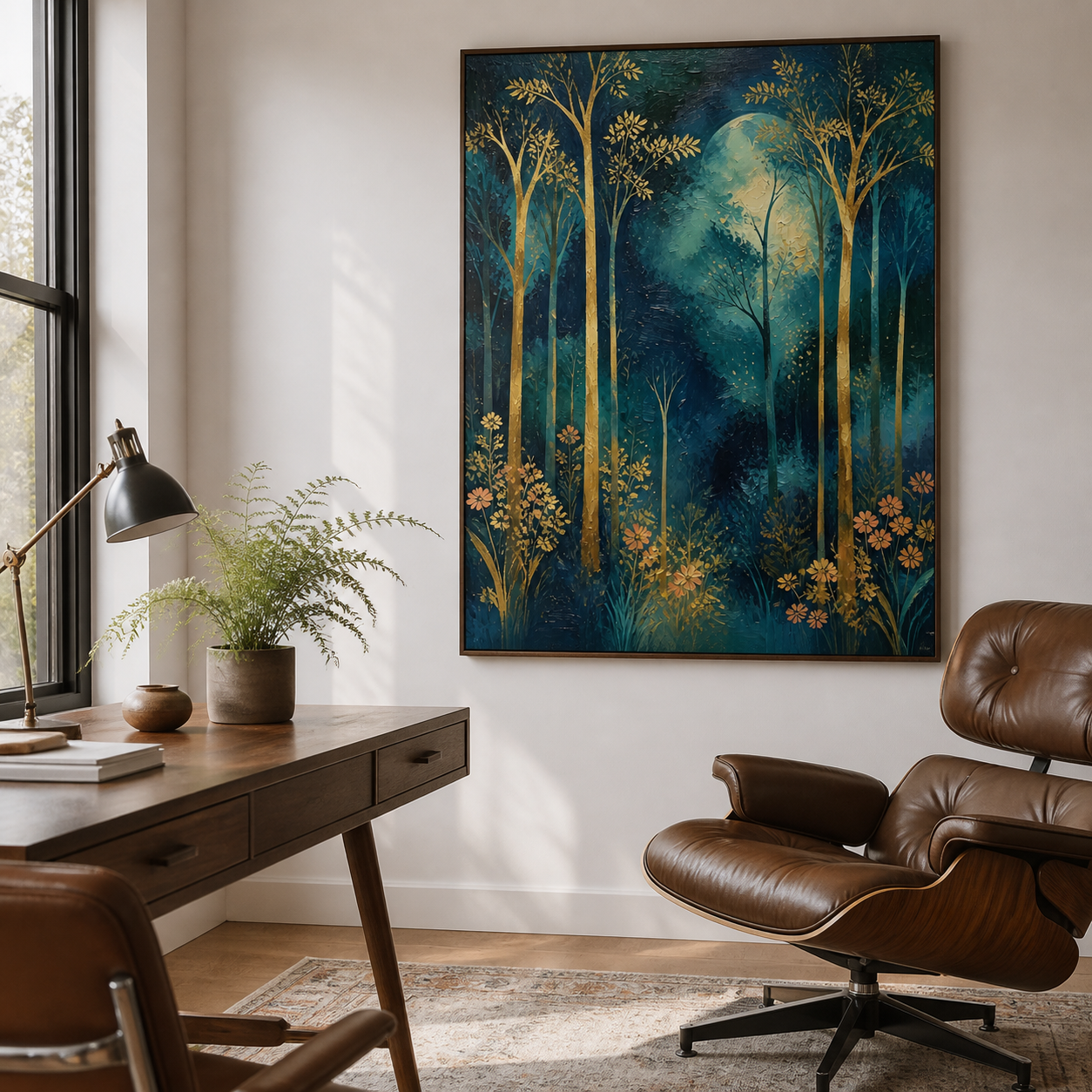 Moonlit Forest Wall Art | Golden Trees at Midnight