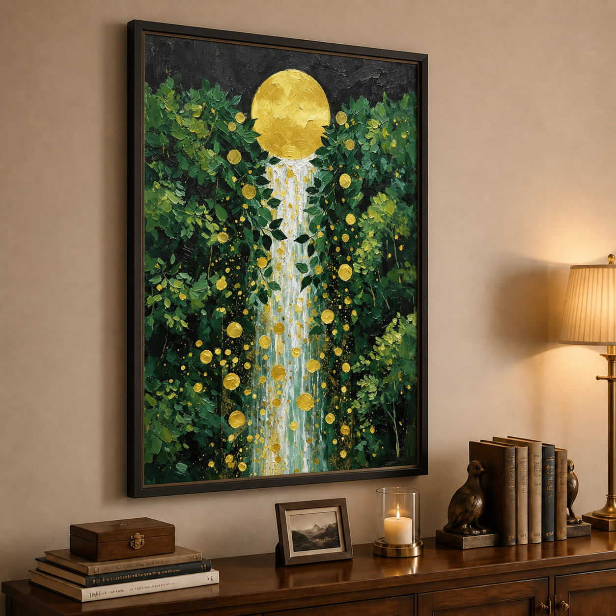 Golden Moon Waterfall Wall Art | Enchanted Forest Cascade