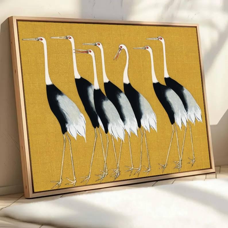 Golden Procession - Modern Crane Bird Oil Painting