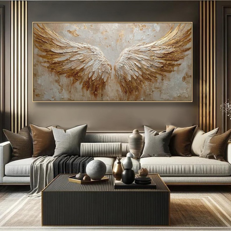 Golden Ascent - Textured Angel Wings Abstract Oil Painting