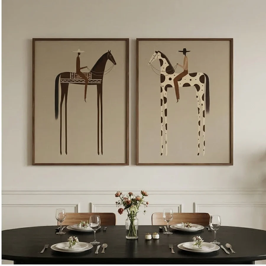 Equestrian Duo – Minimalist Modern Horse Rider Art Set