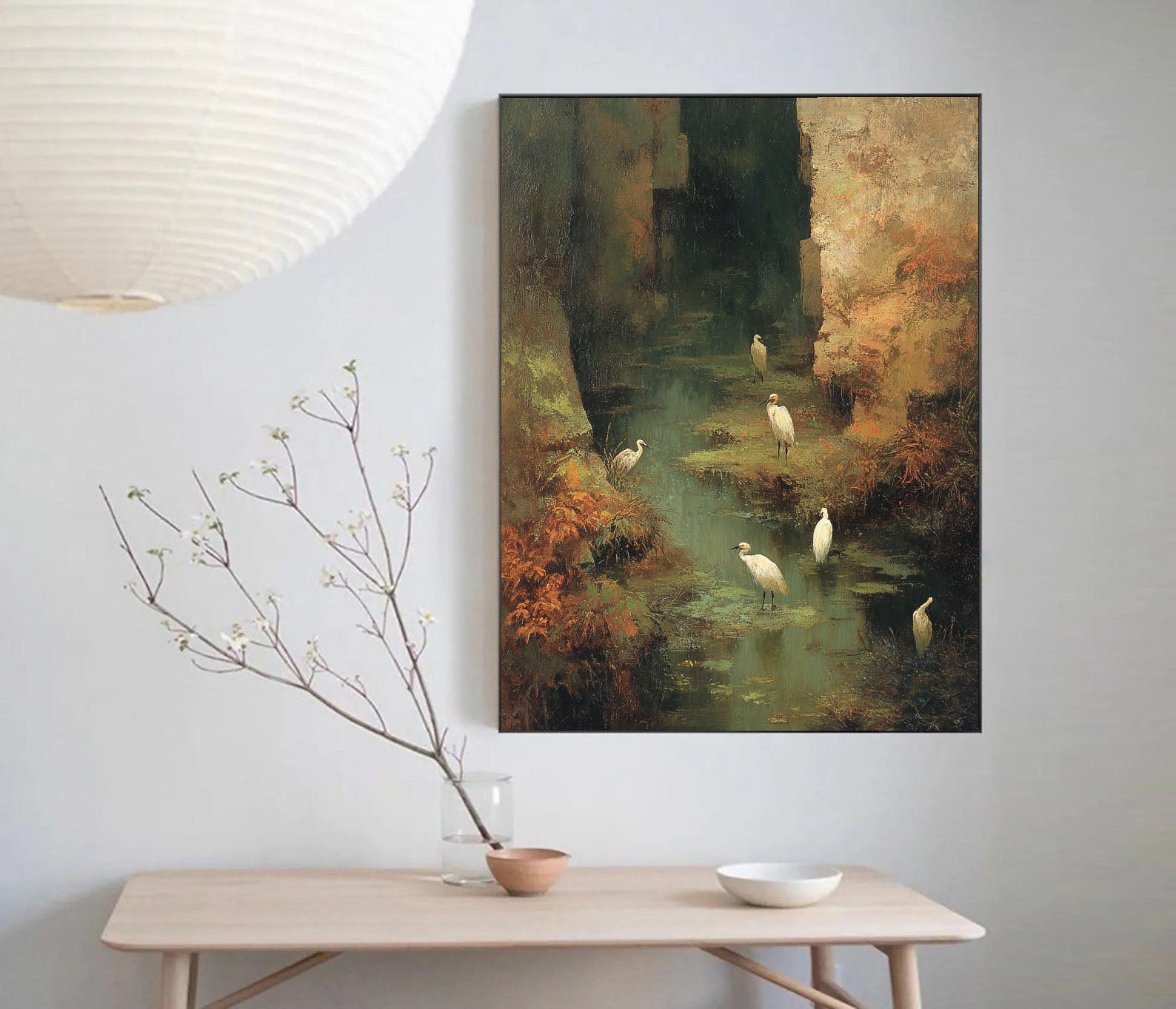 Hand-Painted Nature Landscape Wall Art Textured Bird & Water Canvas for Modern Home Decor