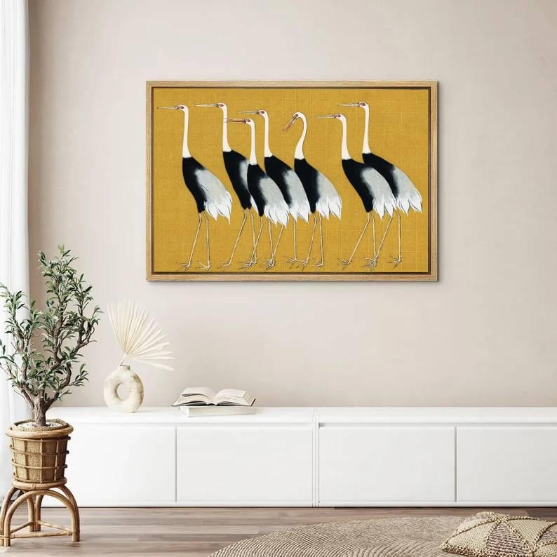 Golden Procession - Modern Crane Bird Oil Painting