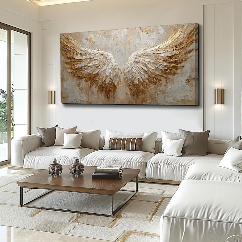 Golden Ascent - Textured Angel Wings Abstract Oil Painting