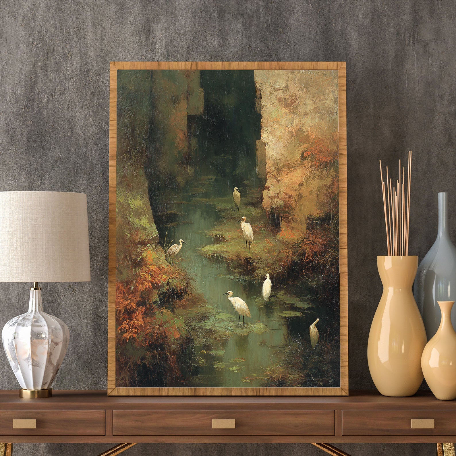 Hand-Painted Nature Landscape Wall Art Textured Bird & Water Canvas for Modern Home Decor