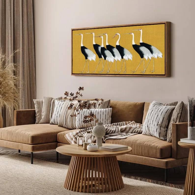 Golden Procession - Modern Crane Bird Oil Painting