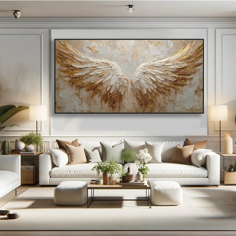 Golden Ascent - Textured Angel Wings Abstract Oil Painting