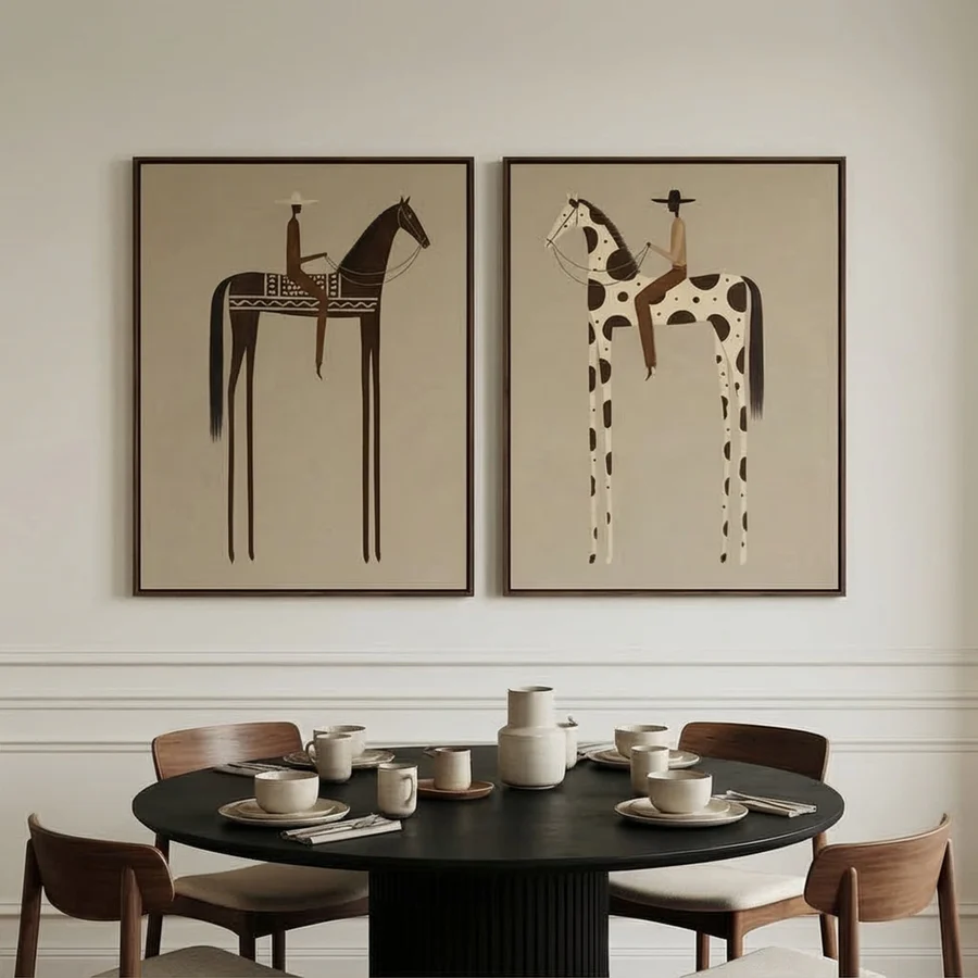 Equestrian Duo – Minimalist Modern Horse Rider Art Set