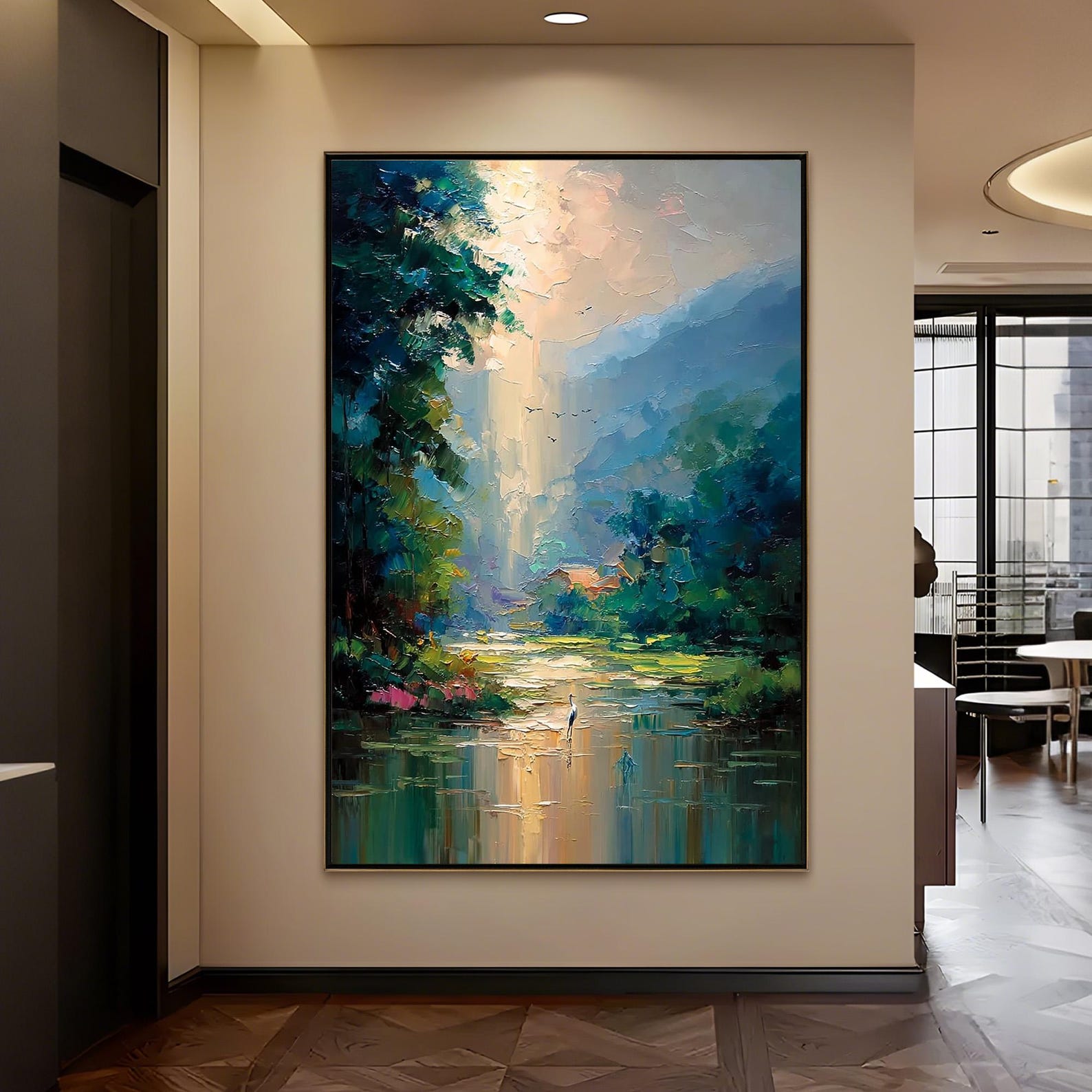 Where Light Finds Peace – A Quiet Escape into Nature and Light  Bring calm, depth, and natural beauty into your home with Where Light Finds Peace, an expressive landscape canvas wall art inspired by peaceful mornings, mountain reflections, and soft sunlig