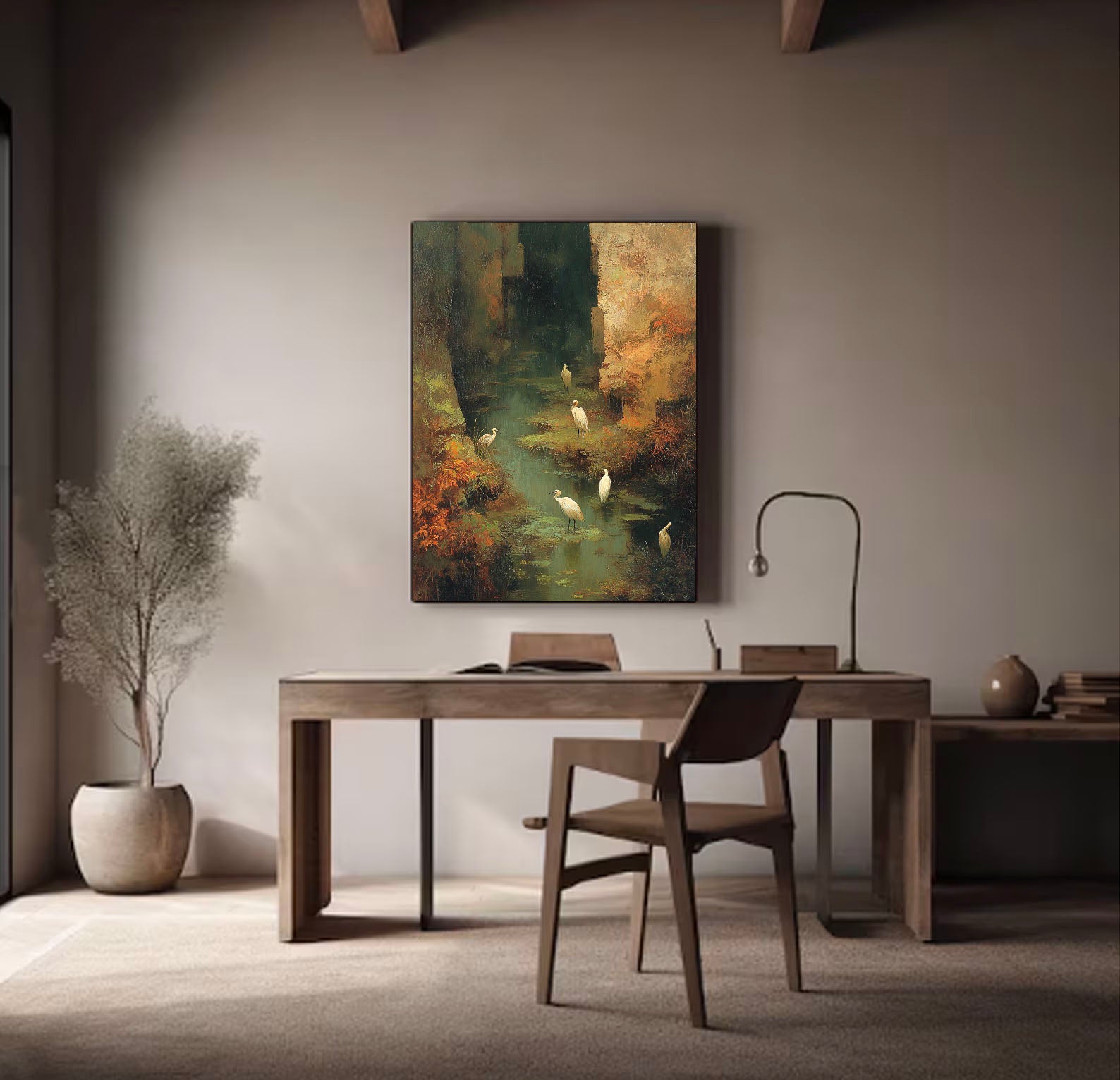 Hand-Painted Nature Landscape Wall Art Textured Bird & Water Canvas for Modern Home Decor