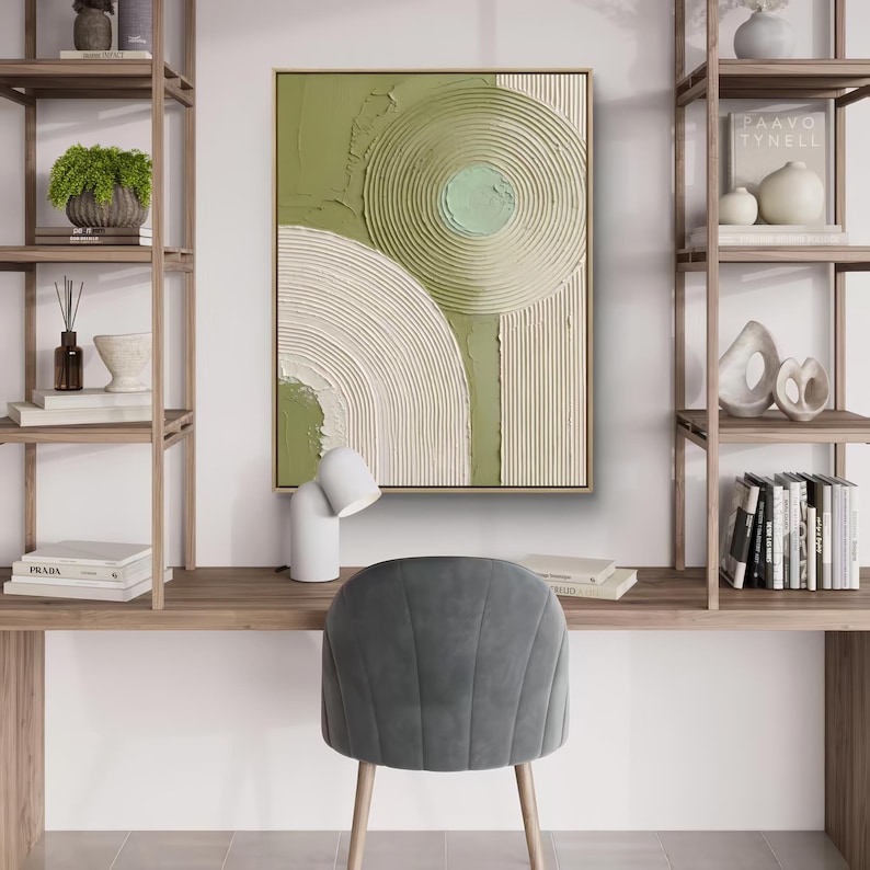 Verdant Harmony - Sage Green Textured Geometric Abstract Wall Art