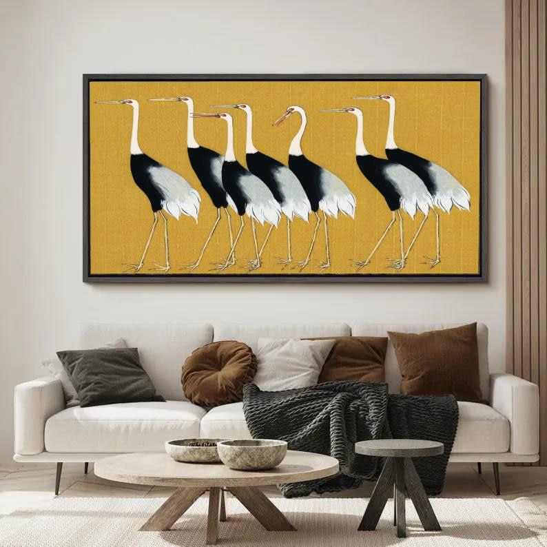 Golden Procession - Modern Crane Bird Oil Painting
