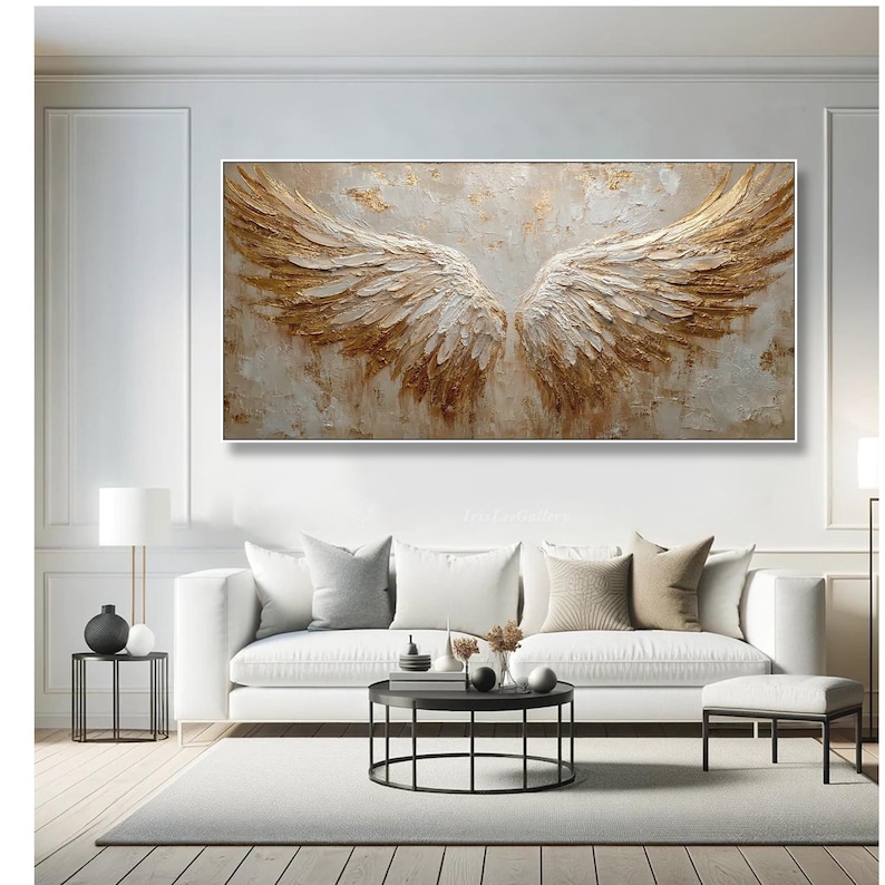 Golden Ascent - Textured Angel Wings Abstract Oil Painting