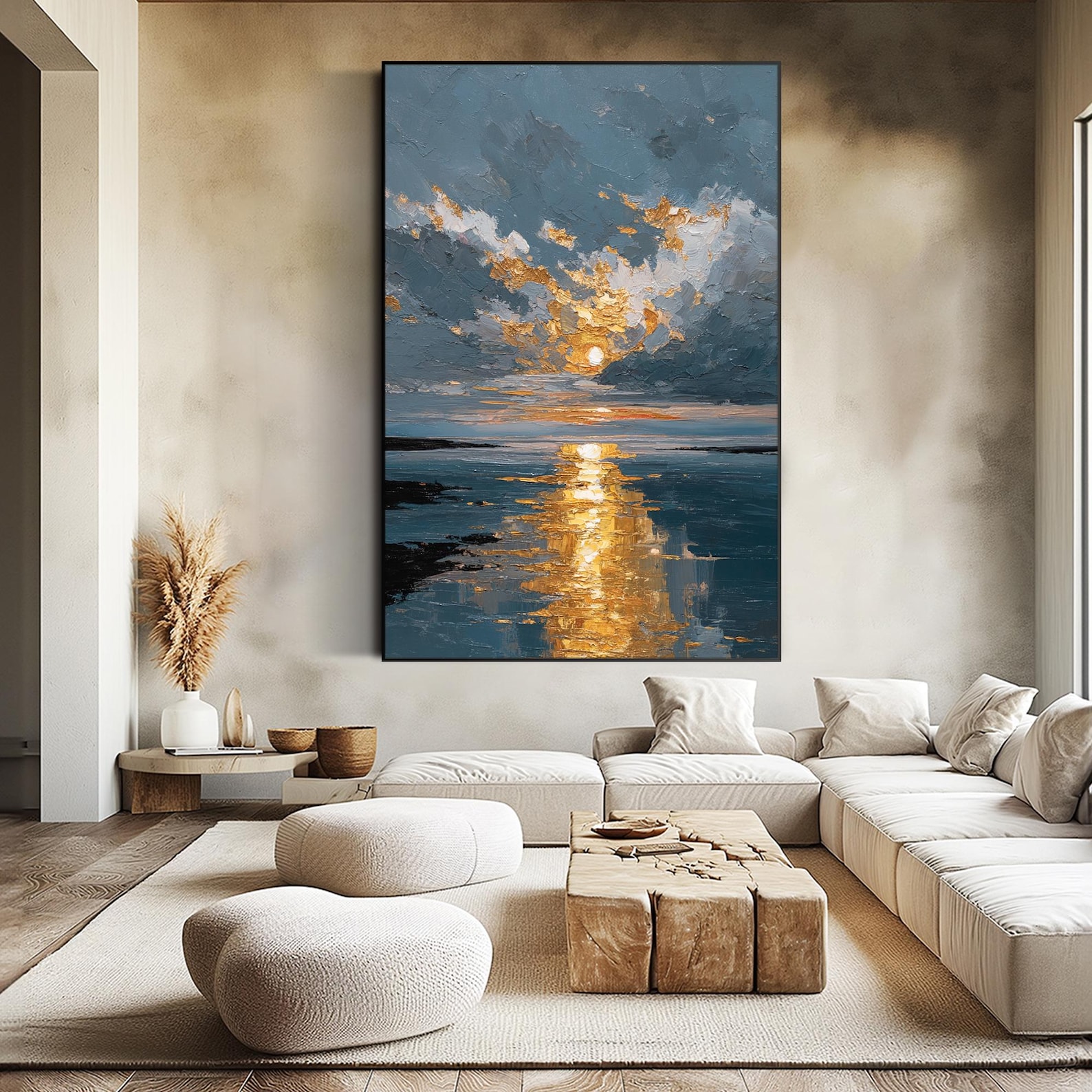Golden Sunset Reflection – Hand-Painted Textured Seascape Canvas Wall Art