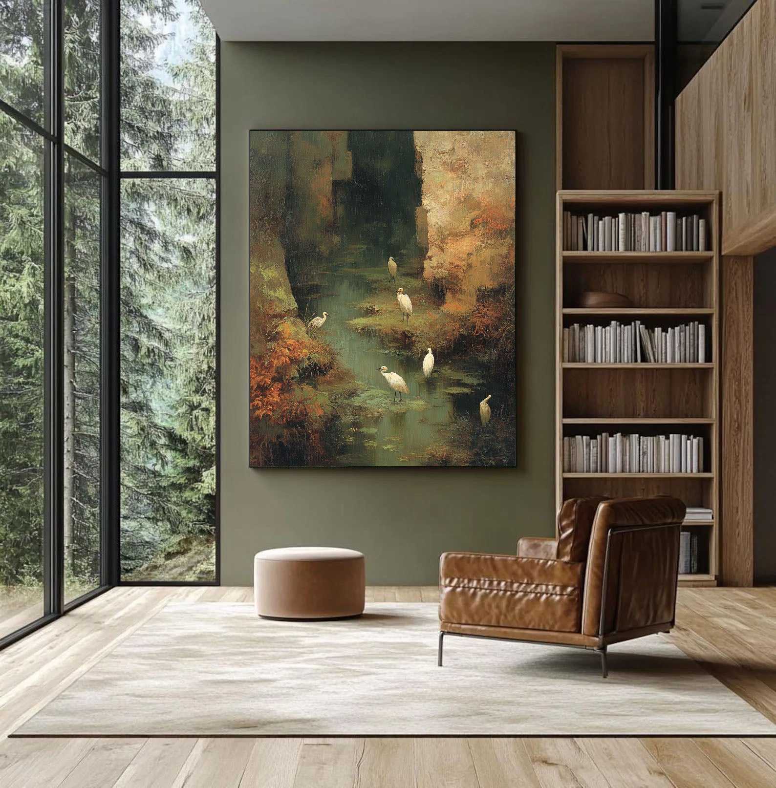 Hand-Painted Nature Landscape Wall Art Textured Bird & Water Canvas for Modern Home Decor