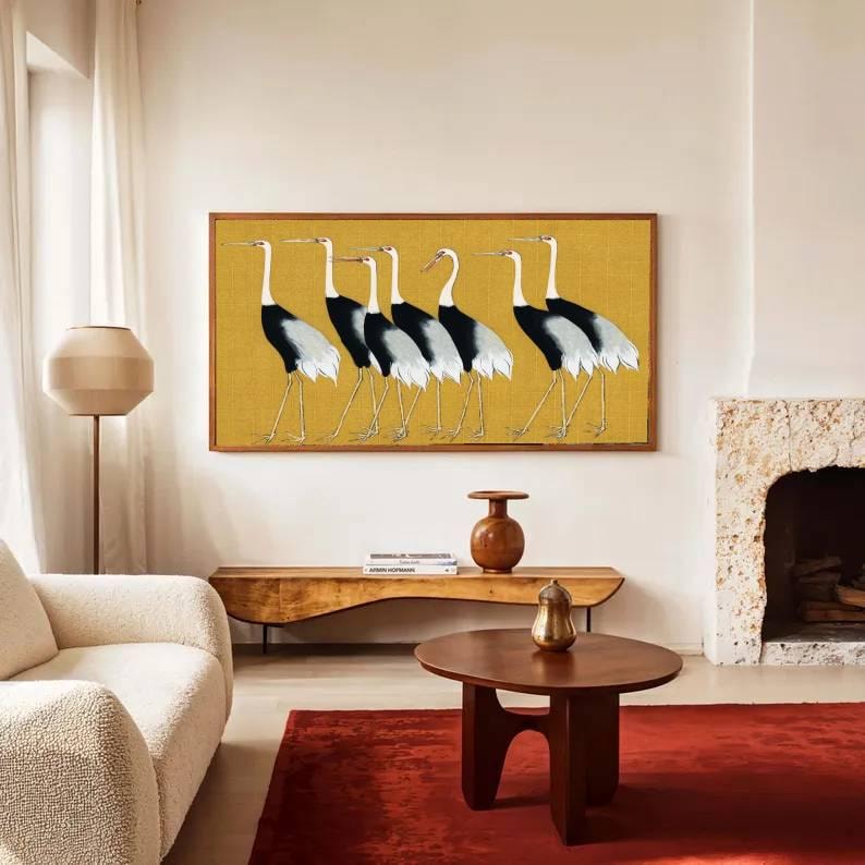 Golden Procession - Modern Crane Bird Oil Painting