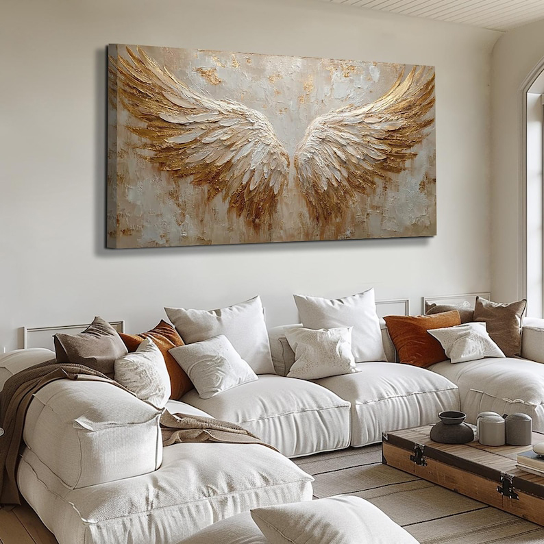 Golden Ascent - Textured Angel Wings Abstract Oil Painting