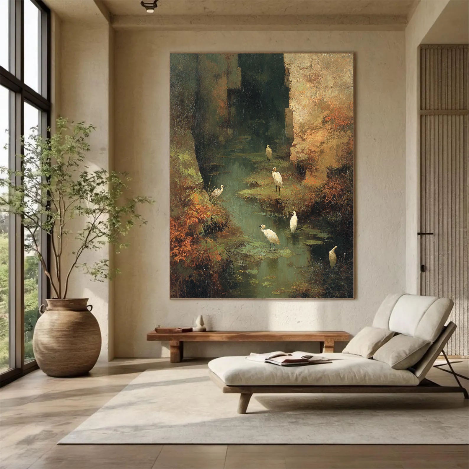 Hand-Painted Nature Landscape Wall Art Textured Bird & Water Canvas for Modern Home Decor