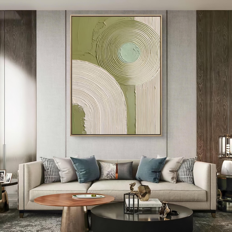 Verdant Harmony - Sage Green Textured Geometric Abstract Wall Art