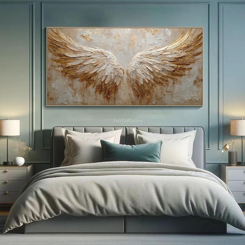 Golden Ascent - Textured Angel Wings Abstract Oil Painting