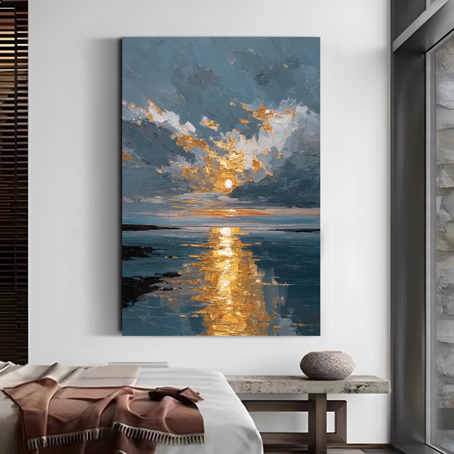 Golden Sunset Reflection – Hand-Painted Textured Seascape Canvas Wall Art