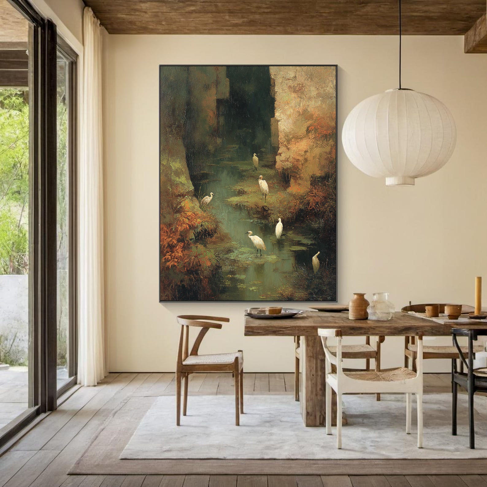 Hand-Painted Nature Landscape Wall Art Textured Bird & Water Canvas for Modern Home Decor