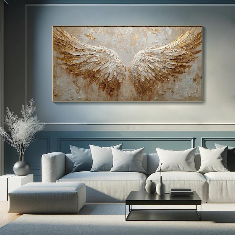 Golden Ascent - Textured Angel Wings Abstract Oil Painting
