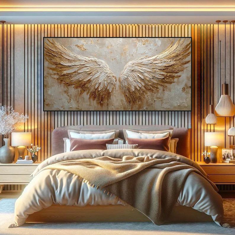 Golden Ascent - Textured Angel Wings Abstract Oil Painting