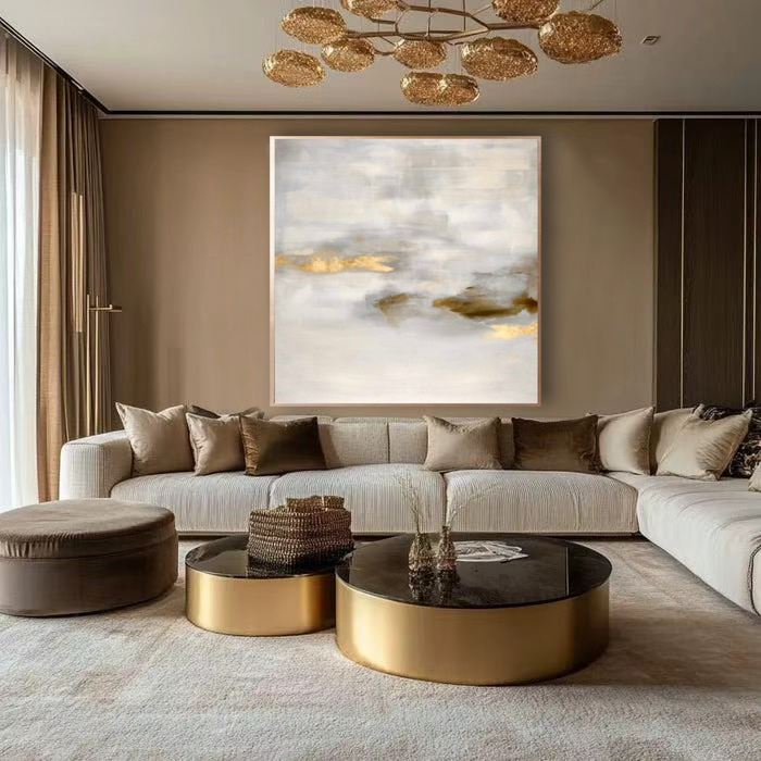 Golden Cloud Drift – Hand-Painted Abstract Wall Art with Textured Brushwork for Modern Living Rooms