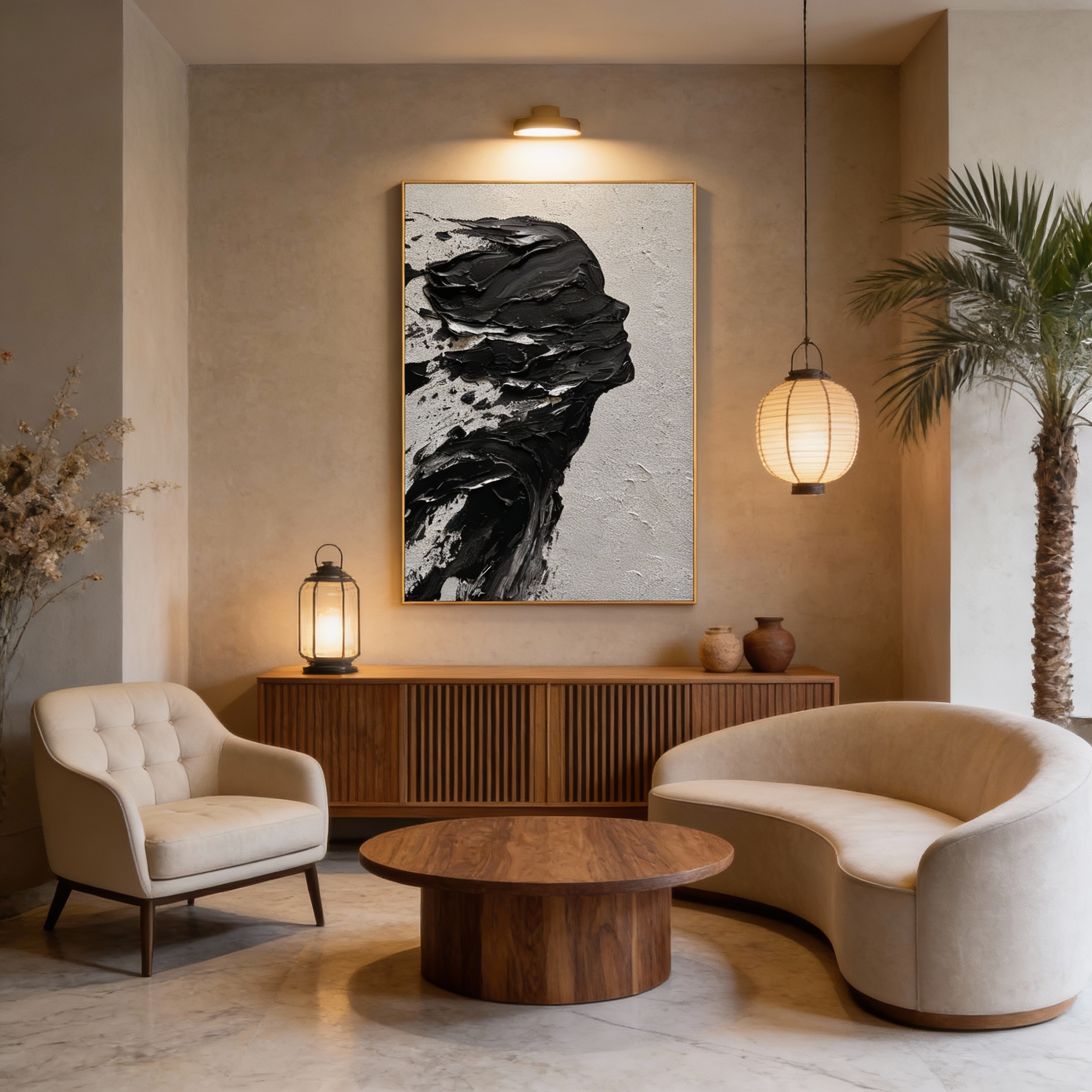 Ethereal Dissolution” – Black Abstract Portrait Wall Art, Textured Minimalist Figure Painting