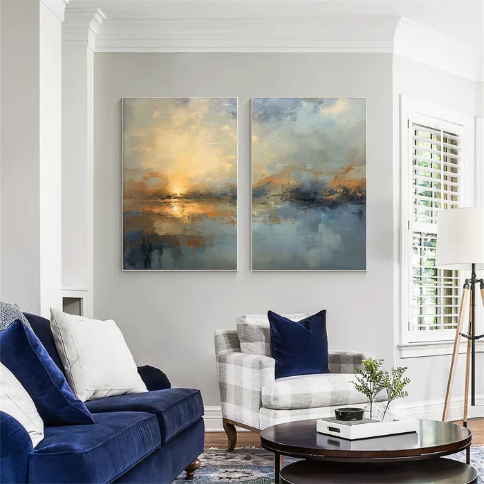 Sunset Reflection – Textured Abstract Landscape Diptych