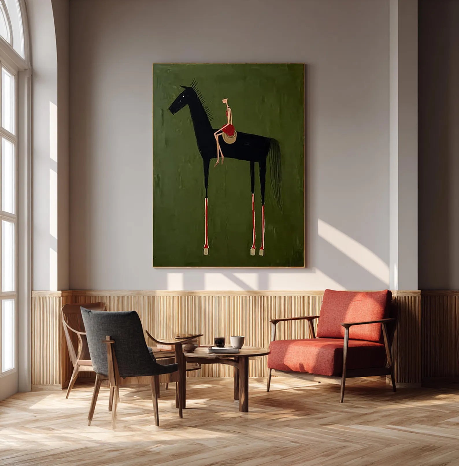 Minimalist Horse and Rider Wall Art – Hand-Painted Contemporary Figure Canvas for Modern Home Decor