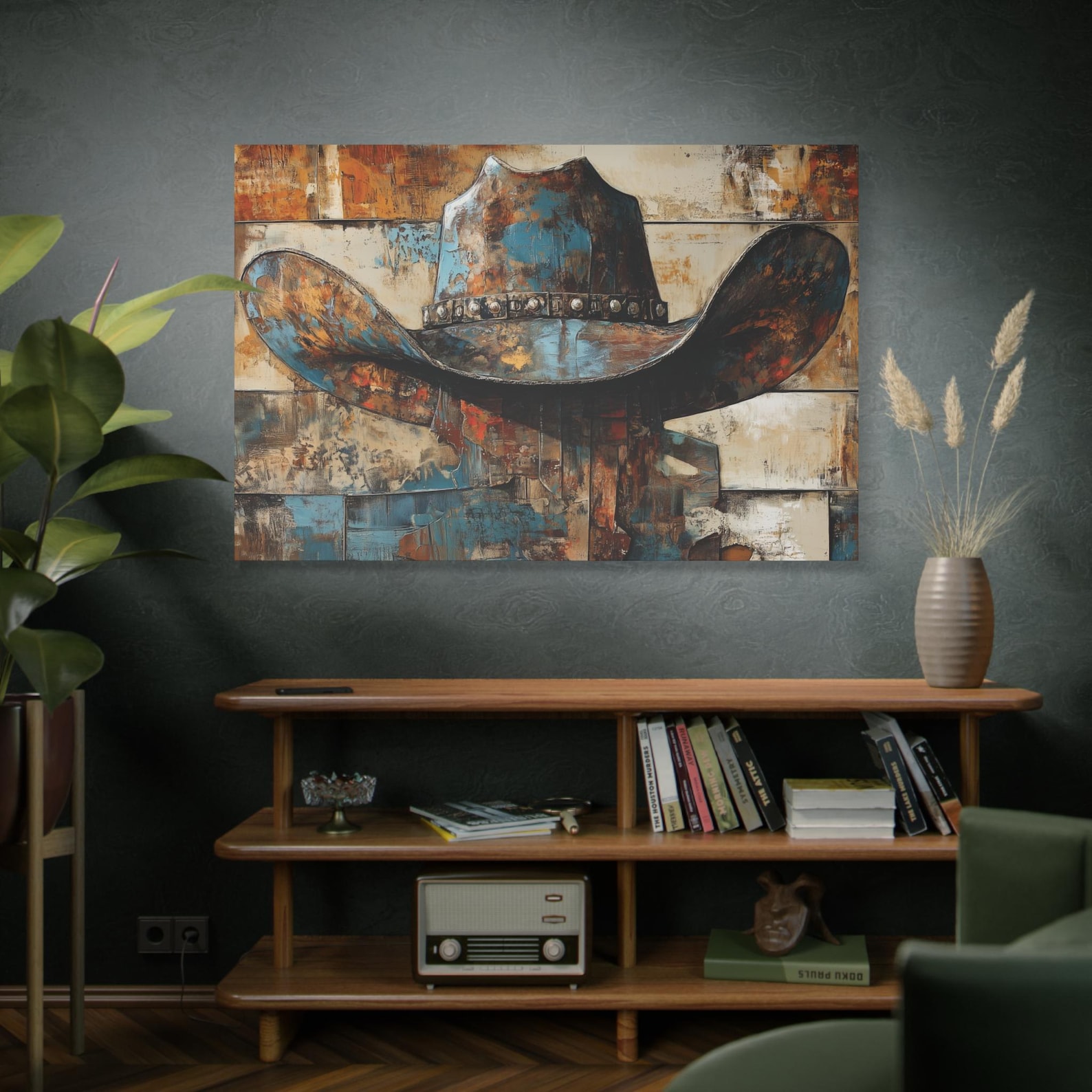 Rustic Cowboy Hat – Hand-Painted Abstract Western Canvas Wall Art