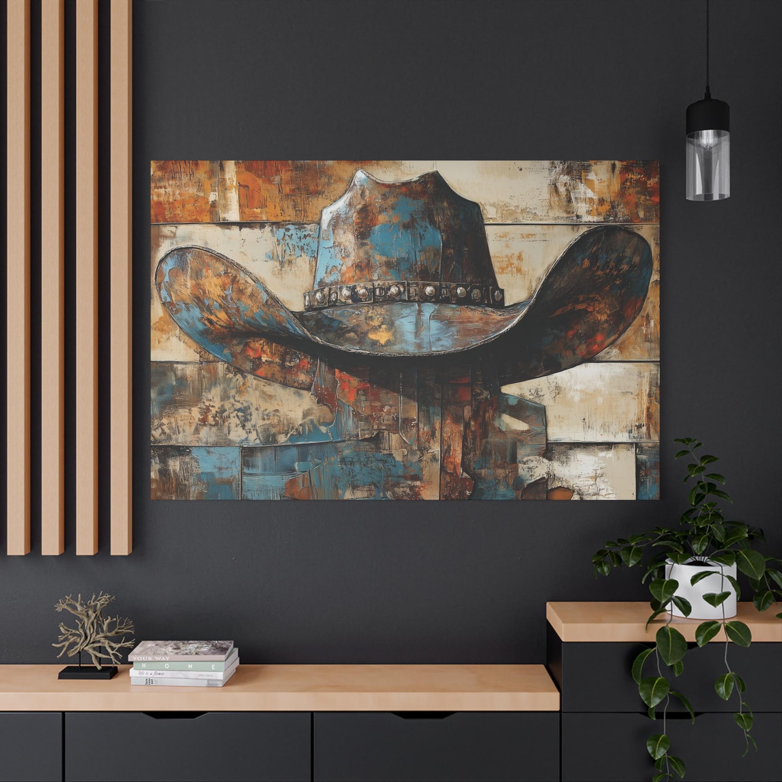 Rustic Cowboy Hat – Hand-Painted Abstract Western Canvas Wall Art
