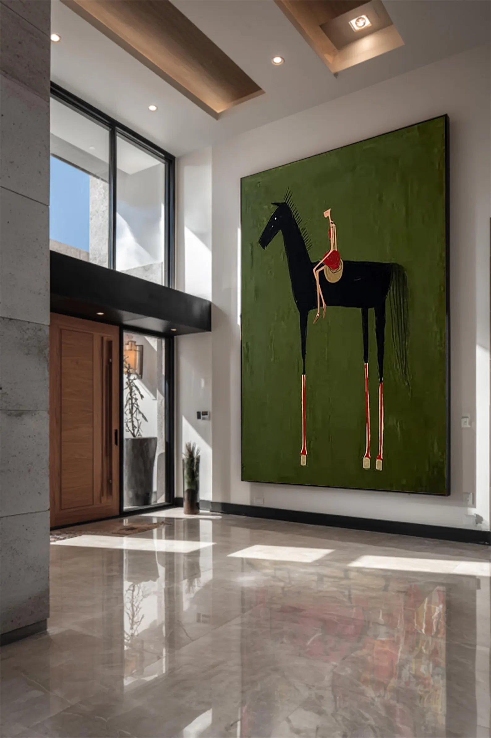 Minimalist Horse and Rider Wall Art – Hand-Painted Contemporary Figure Canvas for Modern Home Decor