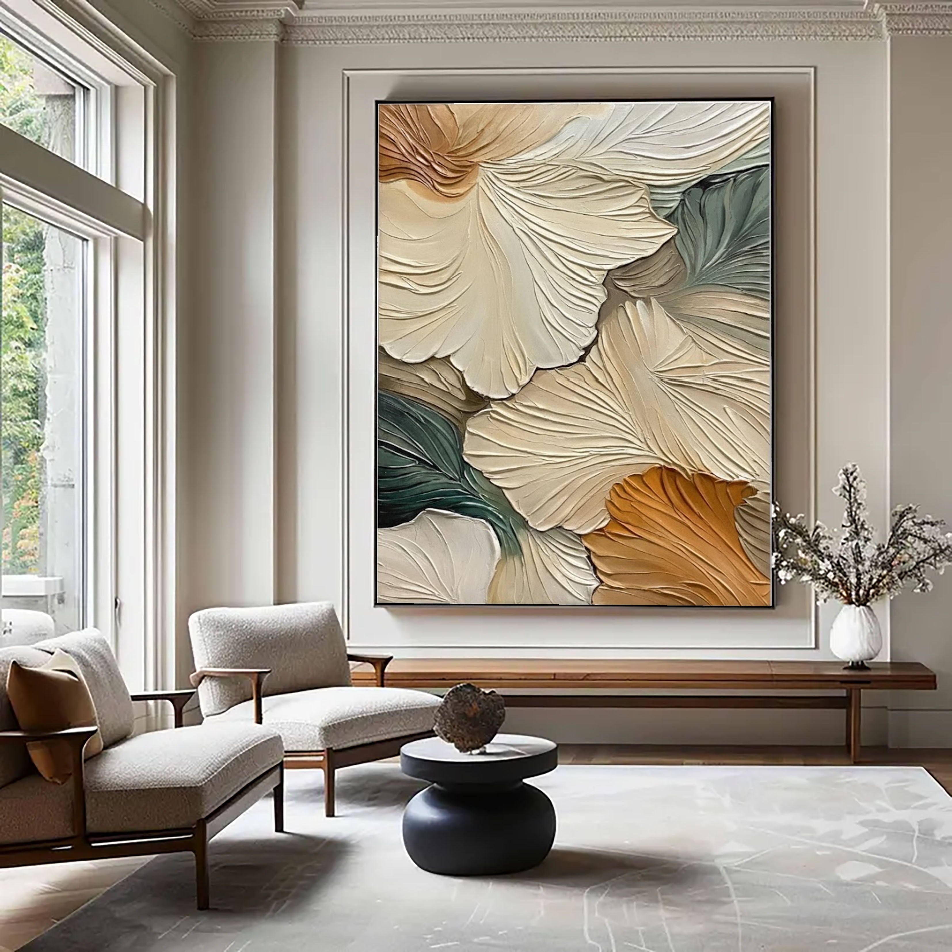 Sculpted Petals – Textured Neutral Floral Oil Painting – Modern Botanical Wall Art