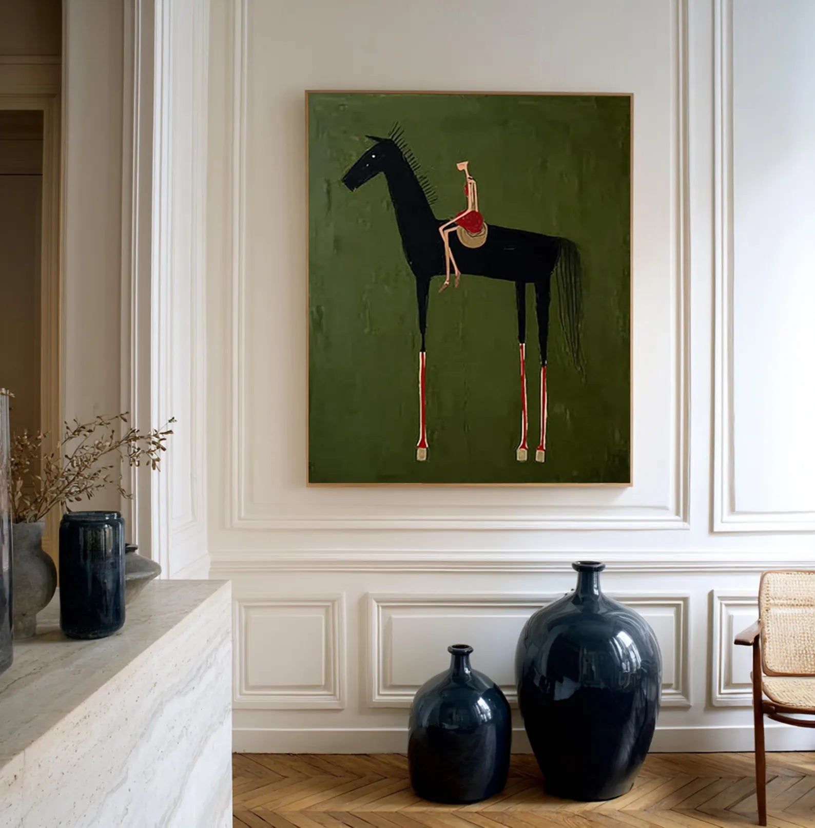 Minimalist Horse and Rider Wall Art – Hand-Painted Contemporary Figure Canvas for Modern Home Decor