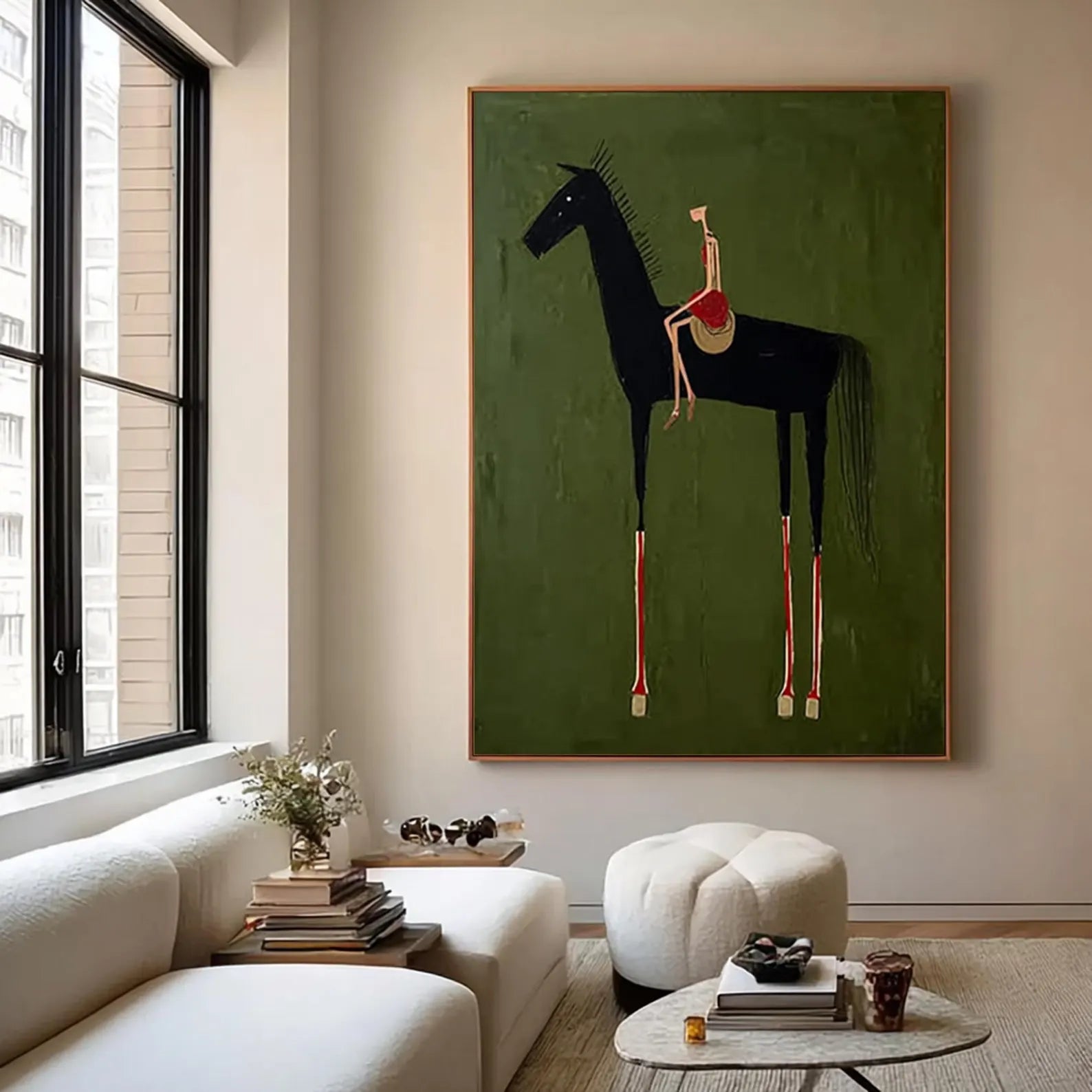 Minimalist Horse and Rider Wall Art – Hand-Painted Contemporary Figure Canvas for Modern Home Decor