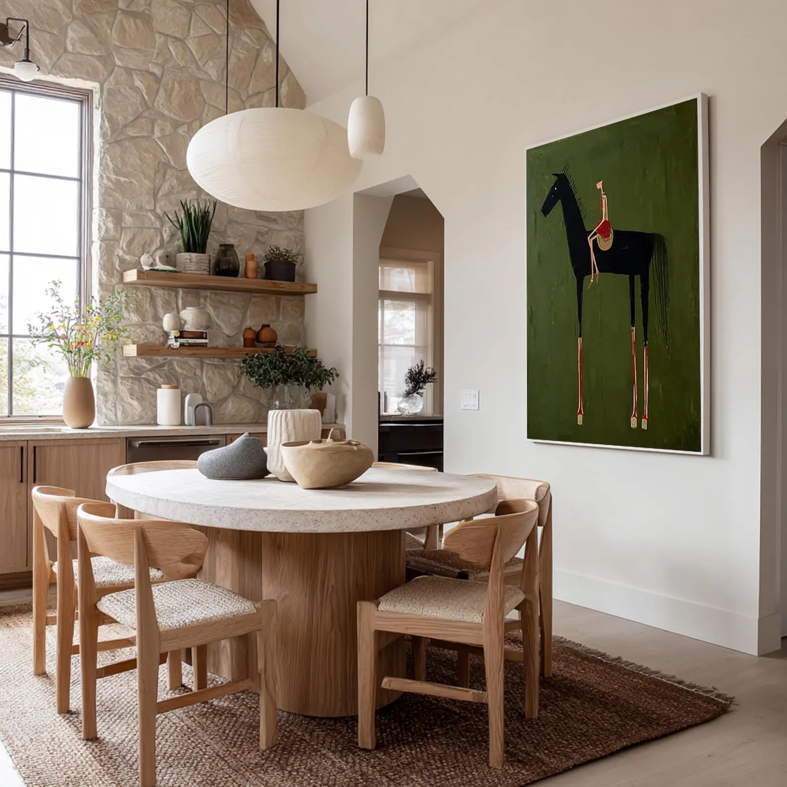 Minimalist Horse and Rider Wall Art – Hand-Painted Contemporary Figure Canvas for Modern Home Decor