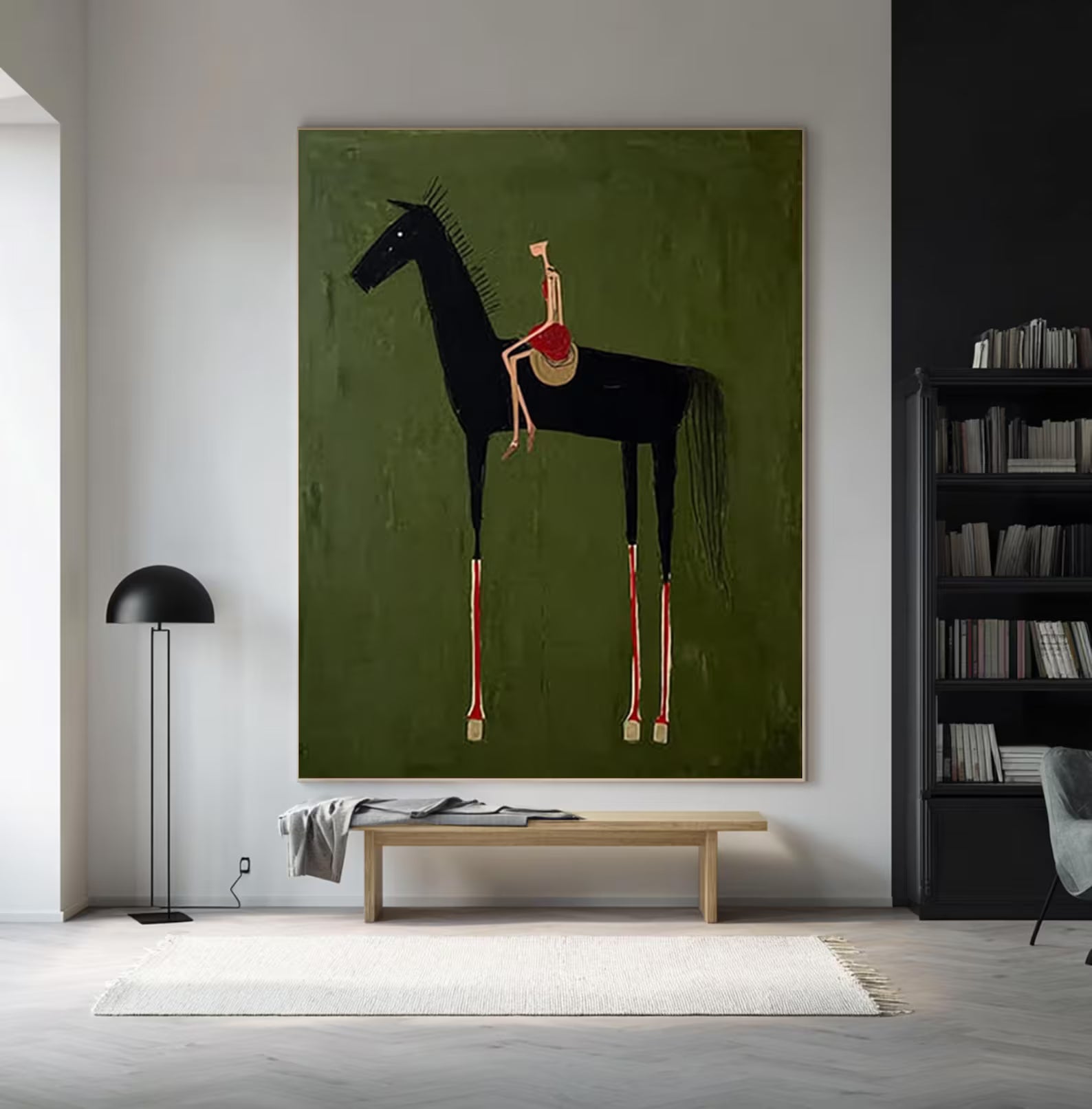 Minimalist Horse and Rider Wall Art – Hand-Painted Contemporary Figure Canvas for Modern Home Decor