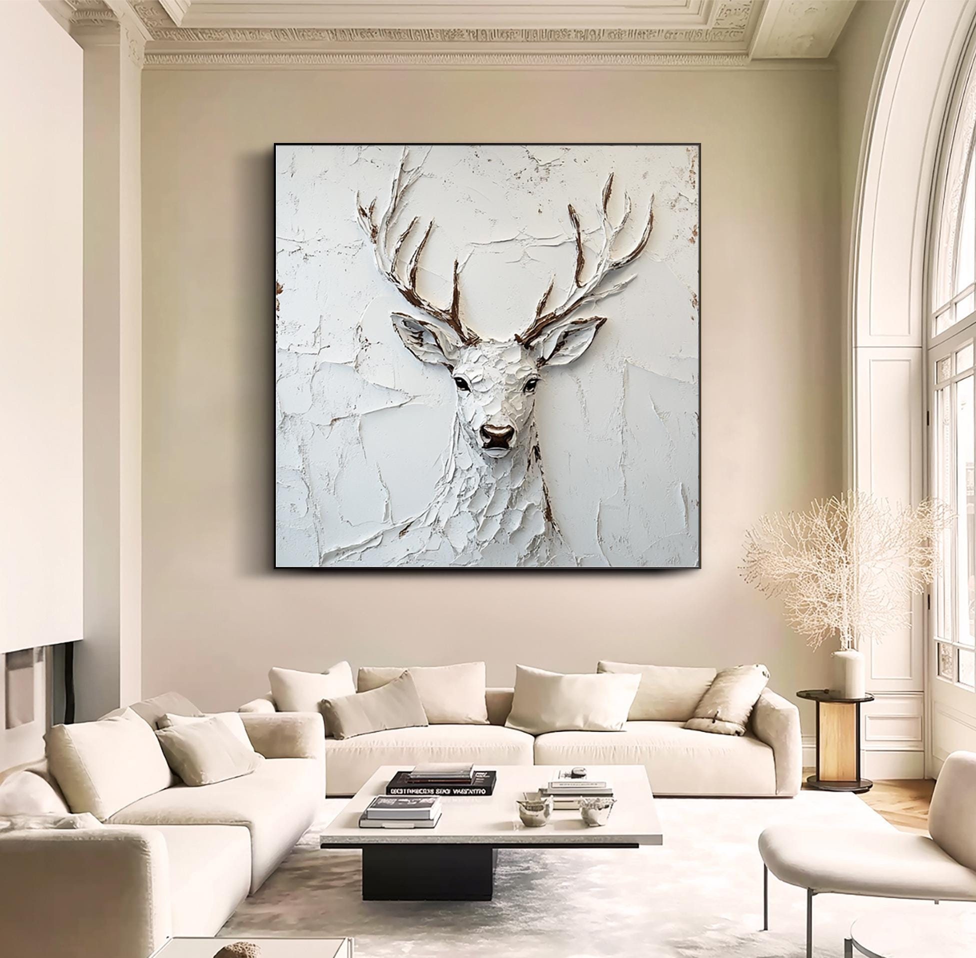 Silent Majesty – Textured White Stag Canvas Wall Art